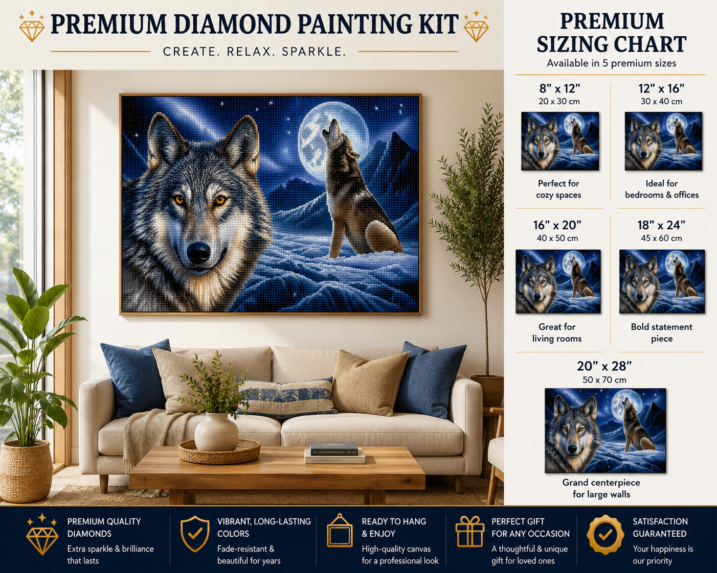 Wolf howling diamond painting kit size chart – 5 sizes from 8" x 12" to 20" x 28", framed finished wolf art on living room wall, premium quality diamonds — Azurra Shop