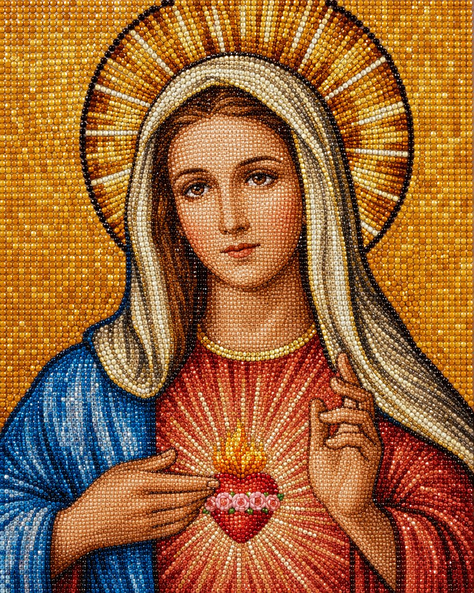 Close up of the finished Immaculate Heart of Mary diamond painting, with a golden halo and glowing heart
