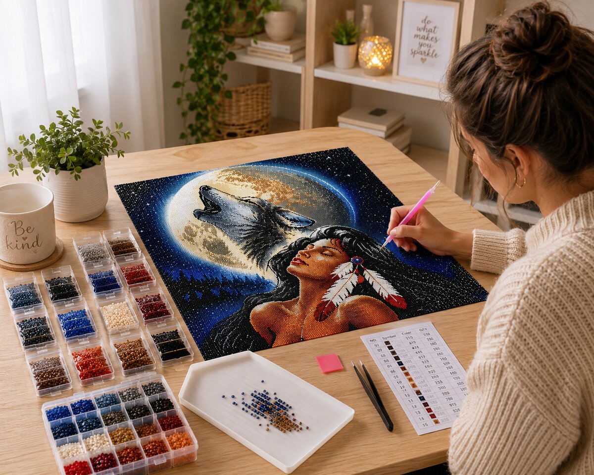 Woman placing diamonds on the wolf and maiden canvas at a desk with sorted diamond trays and a candle | Azurra Shop