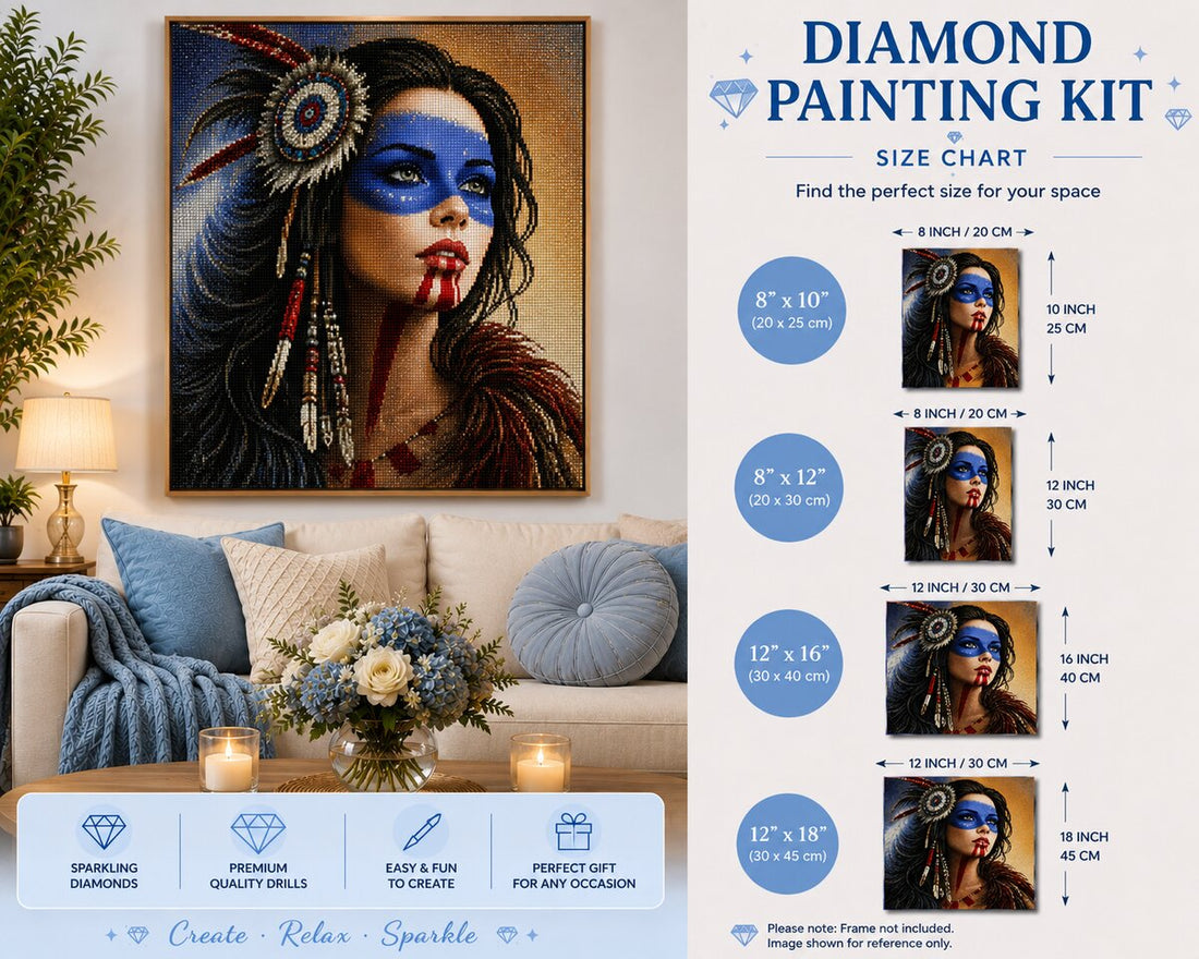 Native American blue face paint portrait diamond painting framed on a wall above a couch with blue pillows, with a size chart showing 8 by 10 up to 12 by 18 inch options | Azurra Shop