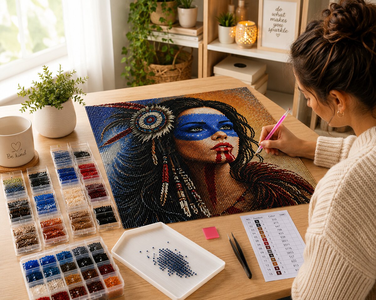 Woman placing diamonds on the Native American blue face paint portrait canvas at a desk with sorted diamond trays | Azurra Shop