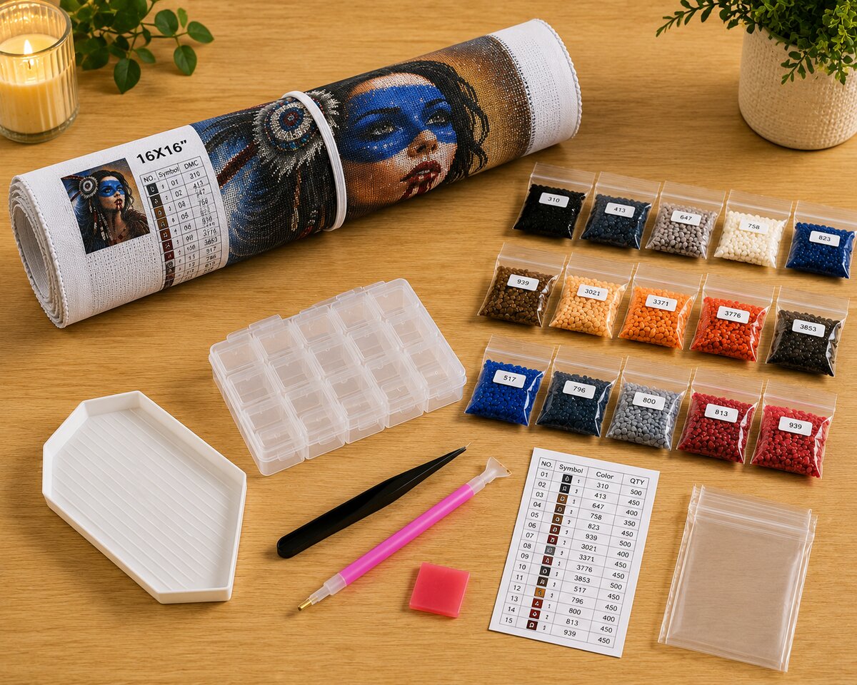 Diamond painting kit supplies including rolled canvas, numbered diamond bags, sorting tray, applicator pen, and color chart | Azurra Shop