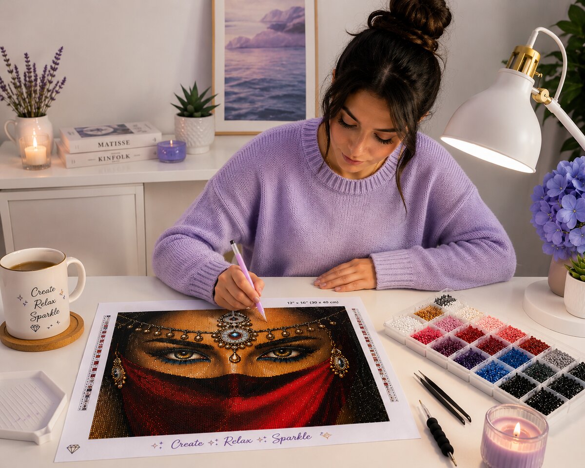 Working on the veiled Indian beauty kit at a desk with lavender, a candle, and coffee nearby | Azurra Shop