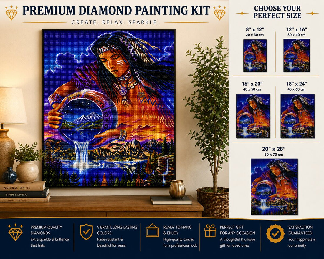 Native American mystic water keeper diamond painting framed on a wall above a dresser with a lamp and plants, with a size chart showing 8 by 12 up to 20 by 28 inch options | Azurra Shop