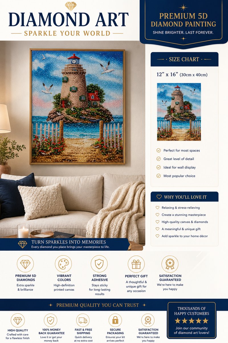 Framed island lighthouse diamond painting displayed above a cream sofa | Azurra Shop