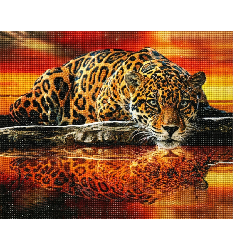 Jaguar crouched at fiery sunset diamond painting kit – intense leopard stalking at water&