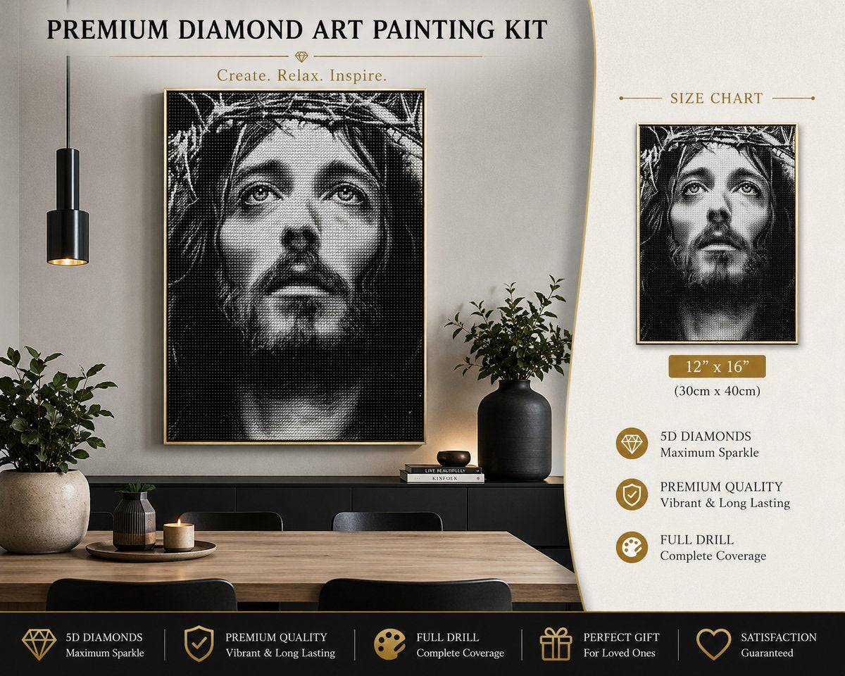 Jesus Christ with Crown of Thorns diamond painting framed on a wall in a gold frame