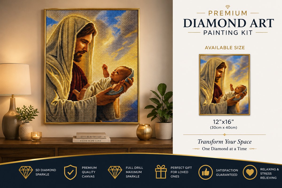 Jesus holding a newborn baby diamond painting framed on a wall, shown with the size chart