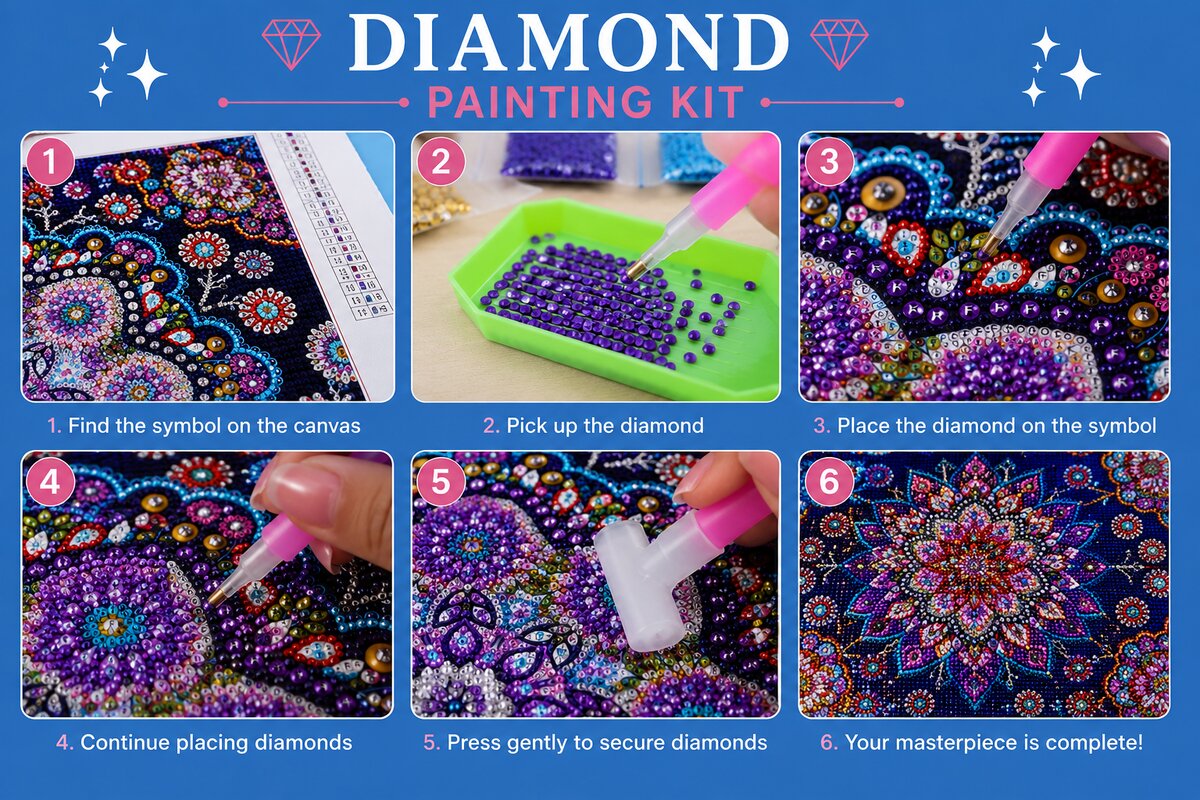 Six step instructions for completing a diamond painting kit from matching symbols to framing and display | Azurra Shop