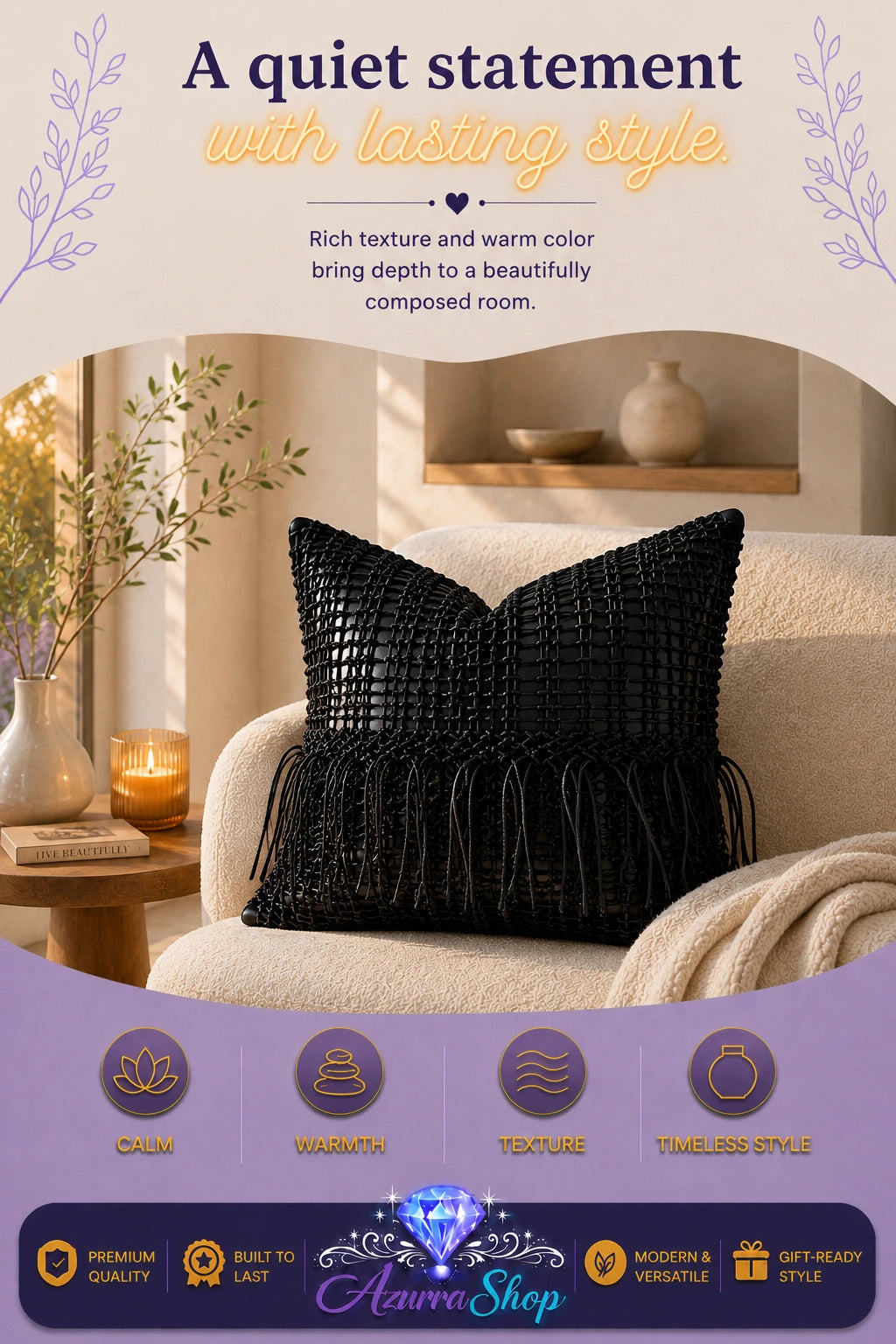 Black textured throw pillow with fringe trim on a beige armchair in a warm, styled room