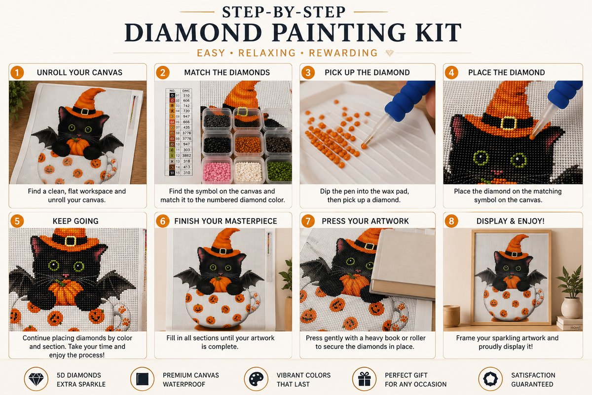 Eight step guide showing how to complete the witch cat diamond painting | Azurra Shop