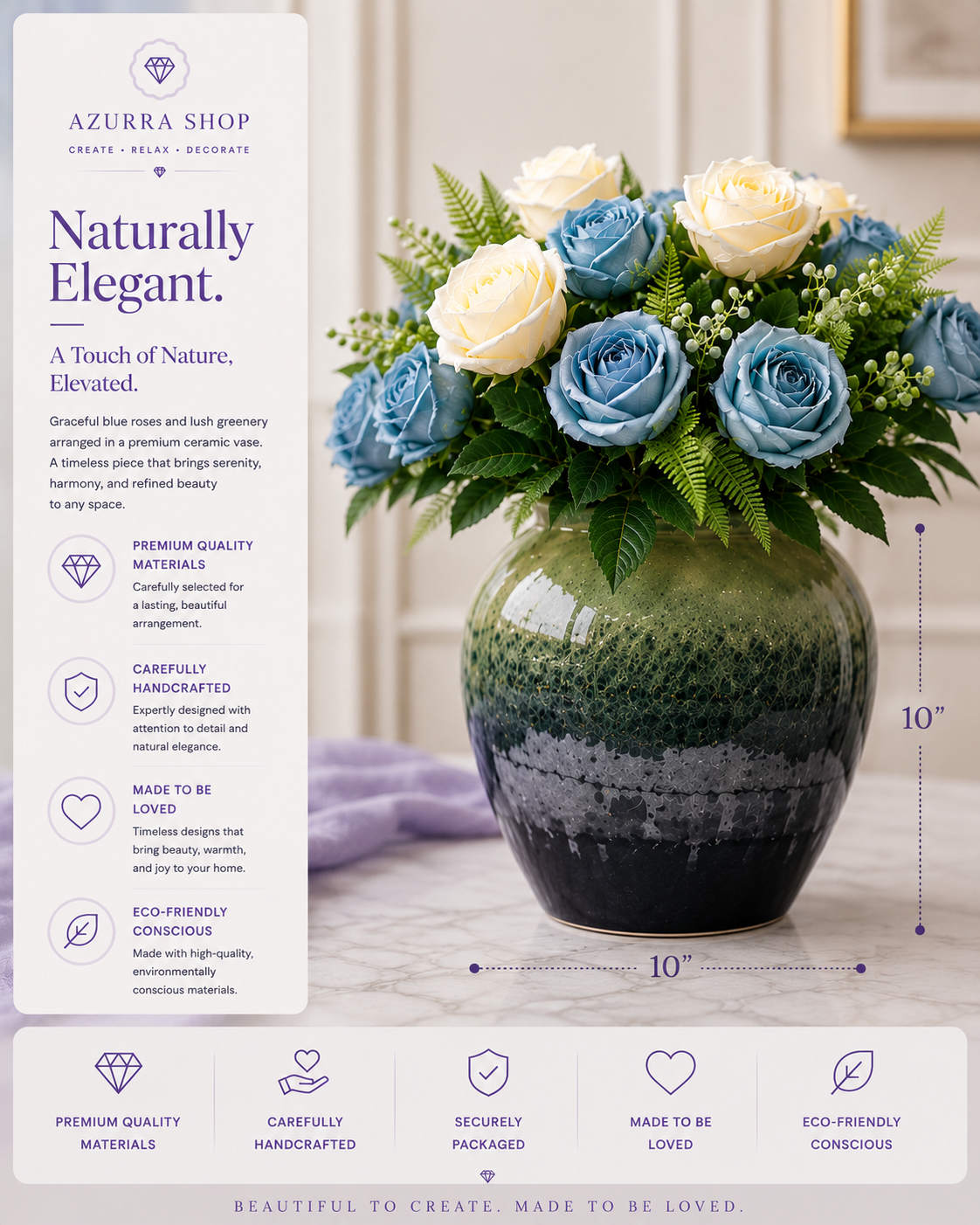 Blue and white rose ceramic vase dimensions 10" x 10" with premium quality highlights — Azurra Shop