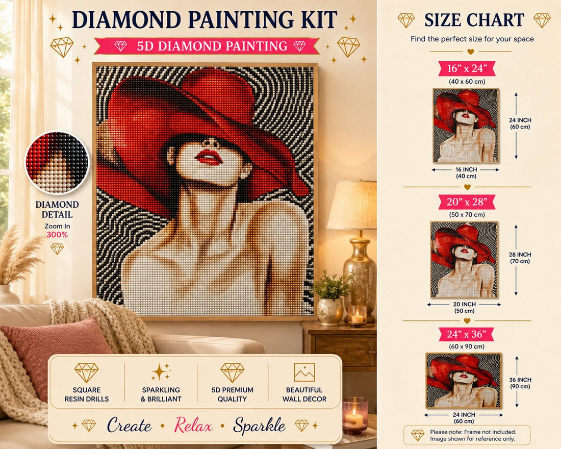 Framed lady in red hat diamond painting displayed on a living room wall above a side table with a lamp and candle | Azurra Shop