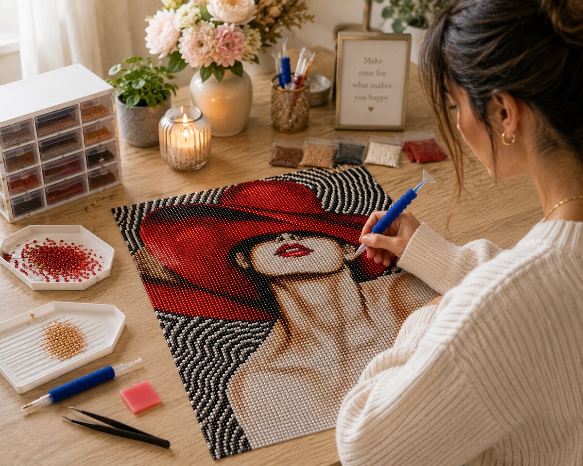 Working on the lady in red hat kit at a desk with fresh flowers, a candle, and rows of diamond trays | Azurra Shop
