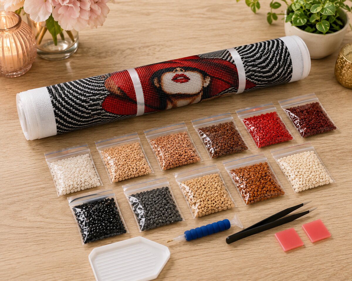 Rolled canvas and full supplies for the lady in red hat kit, including diamond bags, applicator pen, and tweezers | Azurra Shop