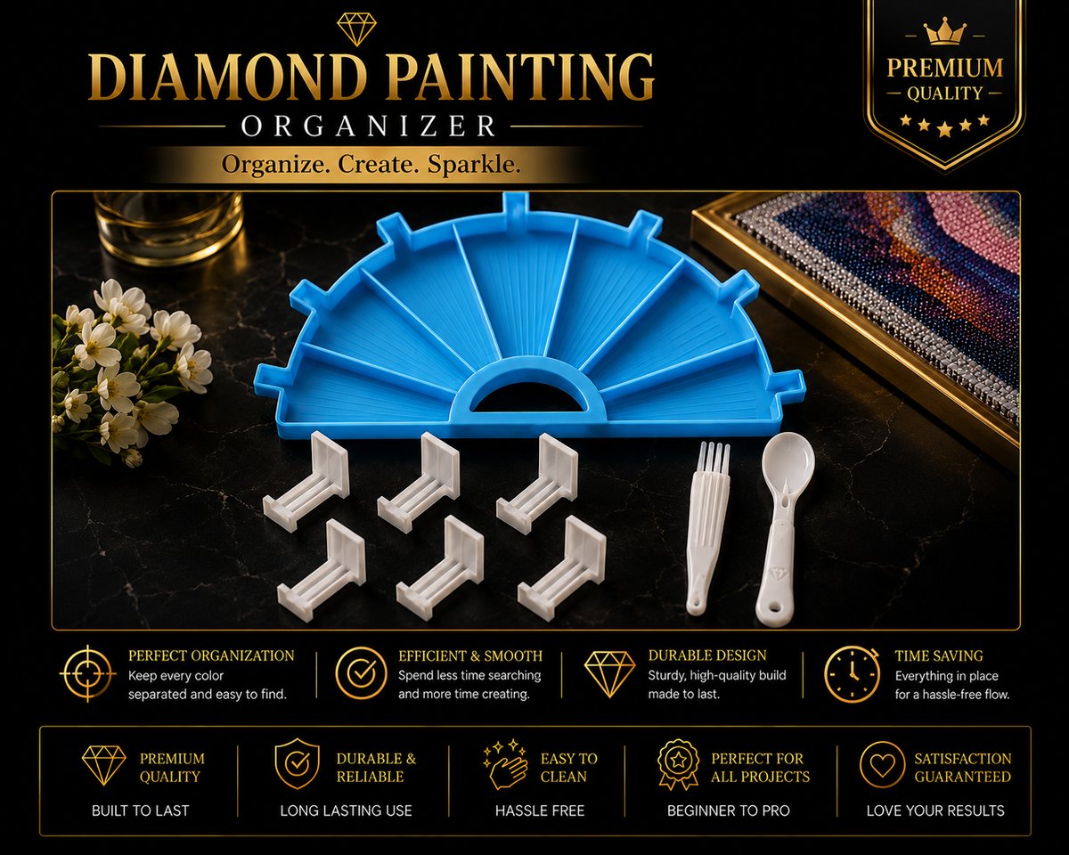 Blue diamond painting organizer tray with pens and spoon tool