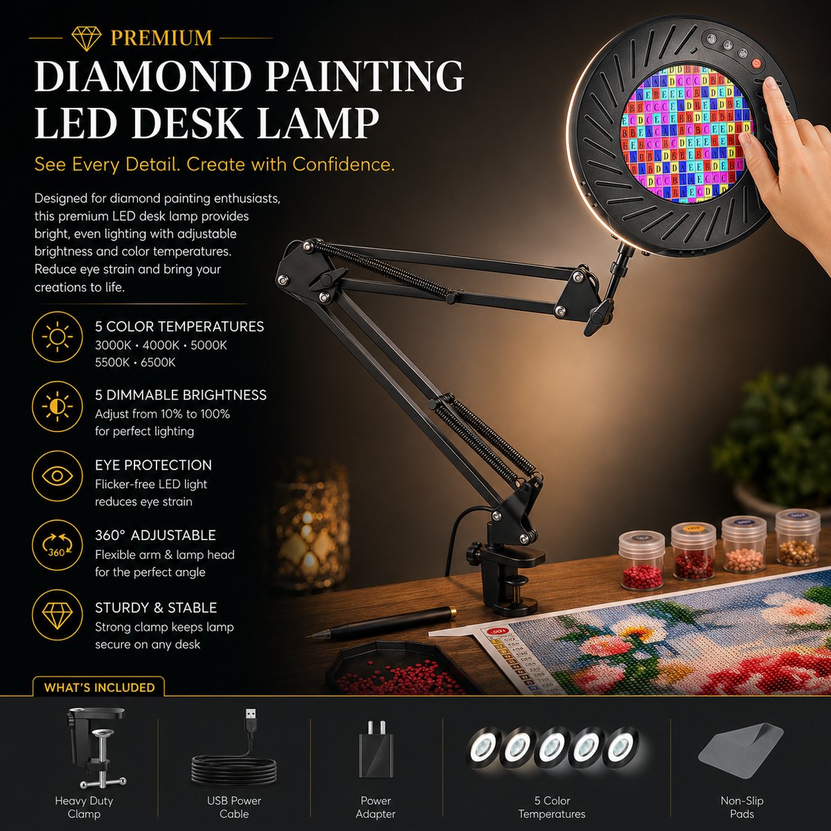 Diamond painting LED desk lamp with adjustable arm and clamp