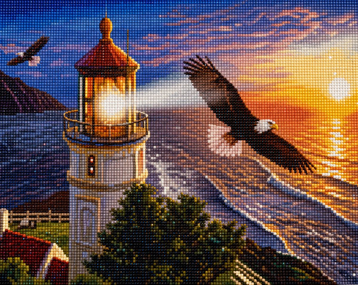 Close up of the finished bald eagle and coastal lighthouse diamond painting with sparkling drills | Azurra Shop