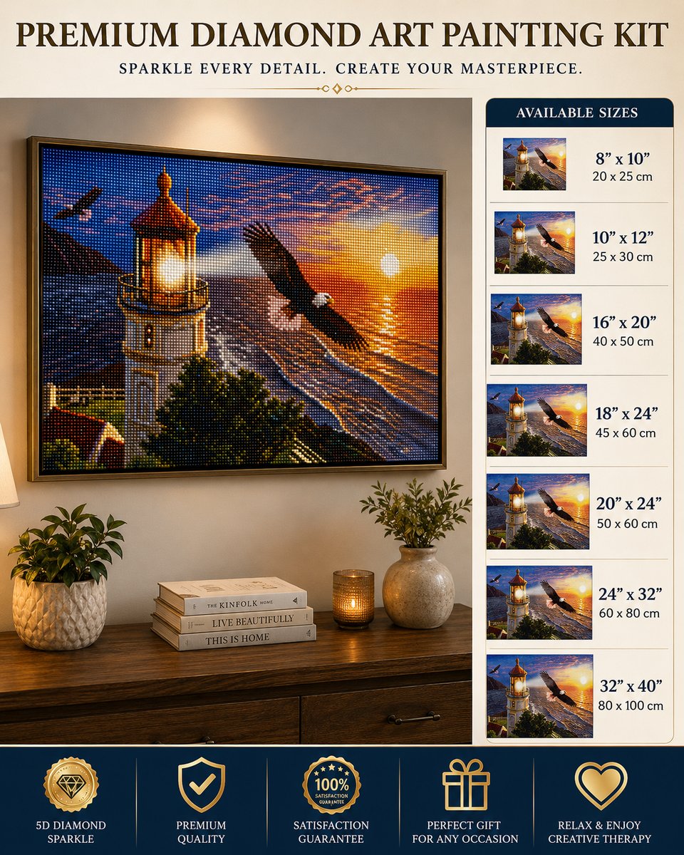 Framed bald eagle and coastal lighthouse diamond painting displayed above a sideboard with available sizes shown | Azurra Shop