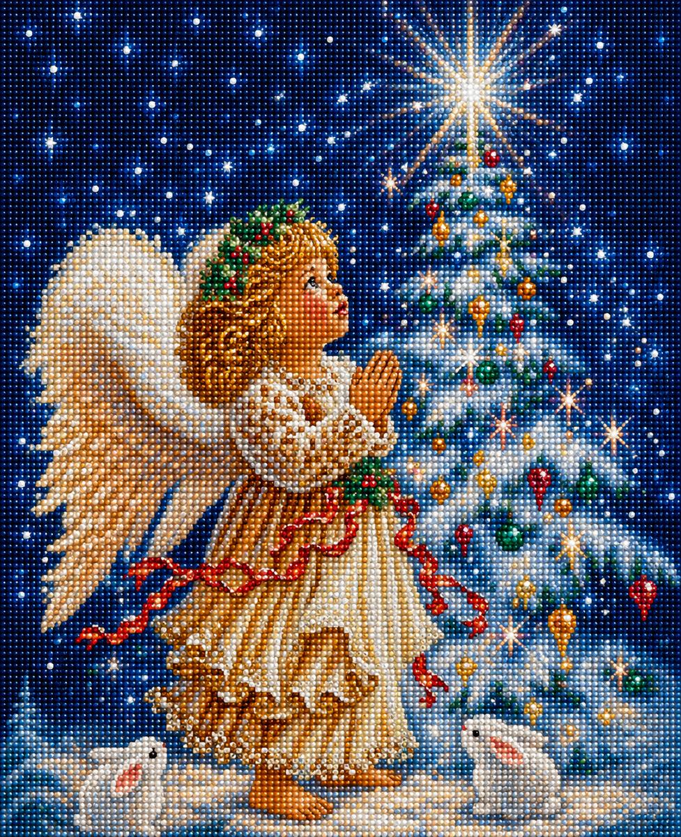 Close up of the finished praying angel child diamond painting, kneeling before a glowing Christmas tree with white bunnies at her feet