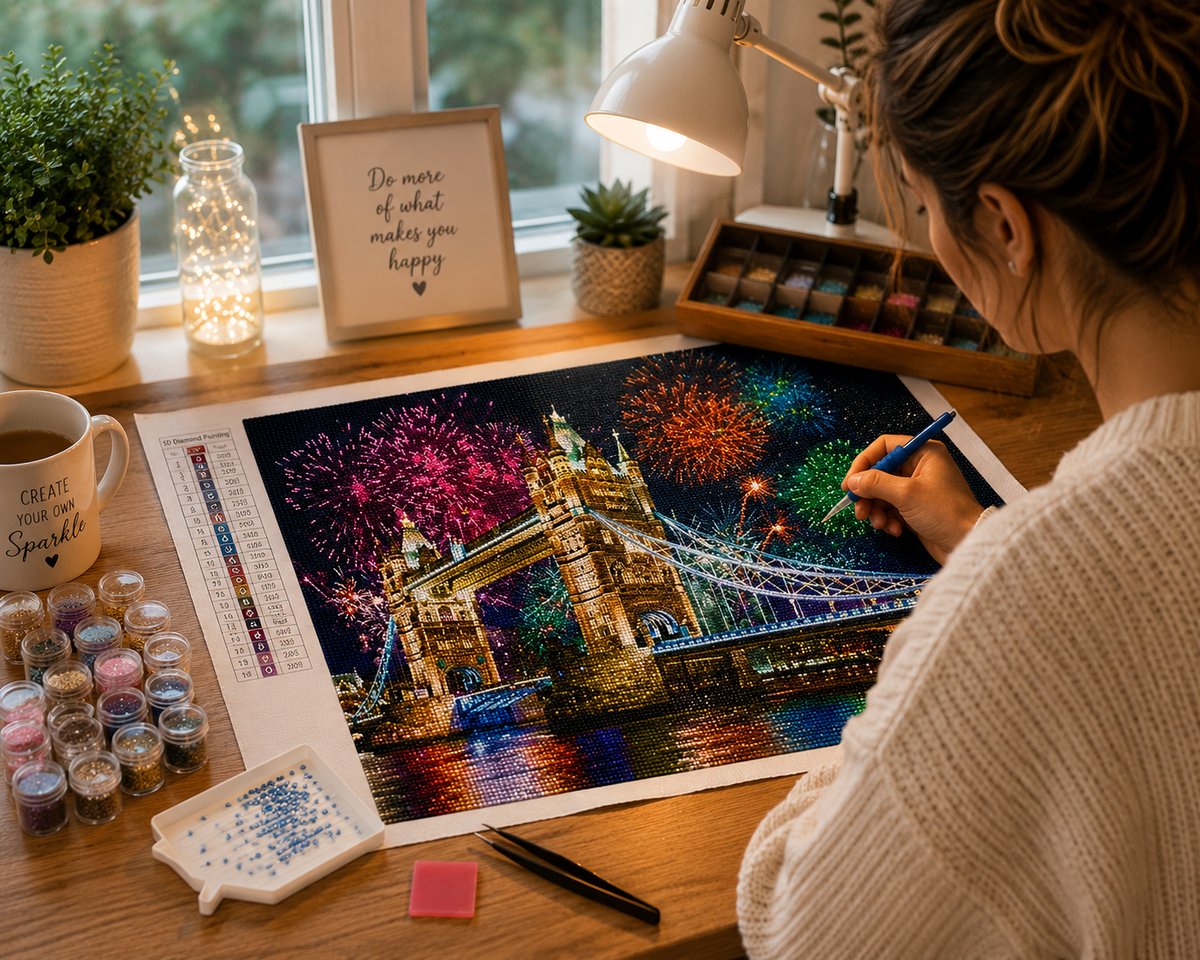 Working on the Tower Bridge fireworks kit at a cozy window desk with a lamp and coffee | Azurra Shop