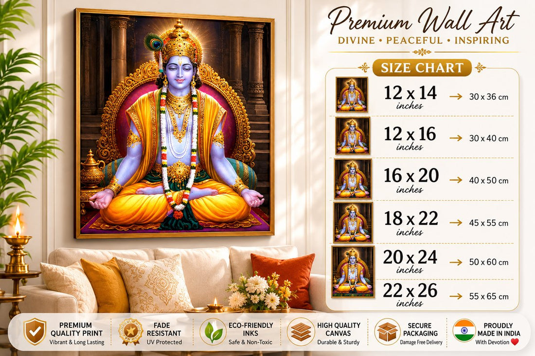 Lord Krishna diamond painting framed on a wall, shown with the size chart