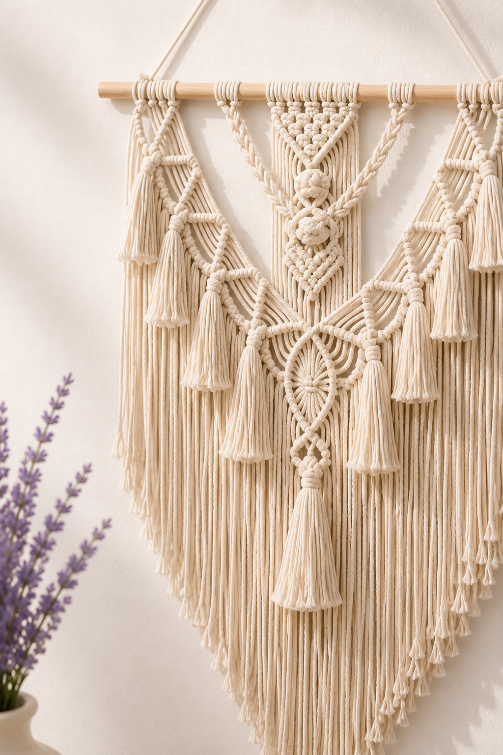 Handwoven macrame wall hanging close-up — intricate knotted cotton rope and tassel fringe detail — Azurra Shop