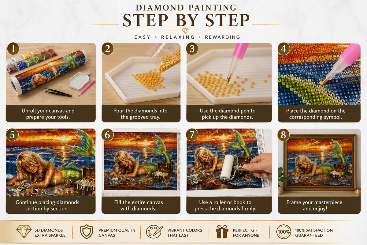 Eight step instructions for completing a diamond painting kit from unrolling the canvas to framing and display | Azurra Shop