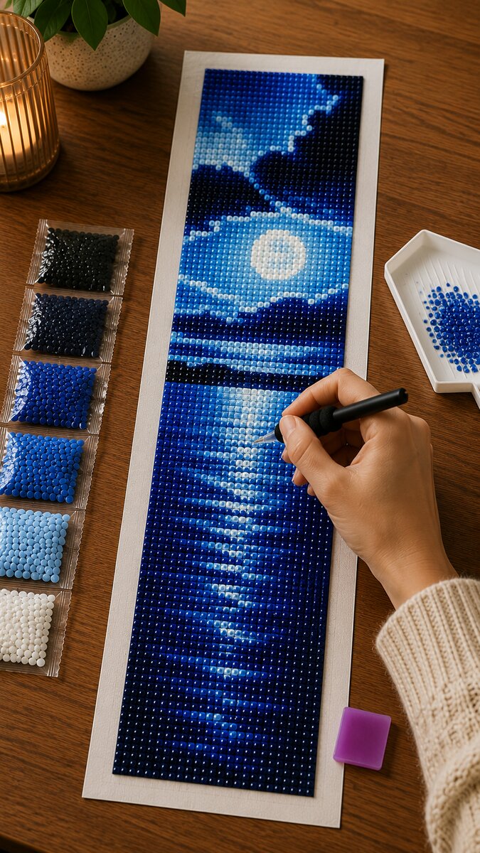 Woman placing diamonds on the midnight moonrise center panel at a desk with a candle | Azurra Shop