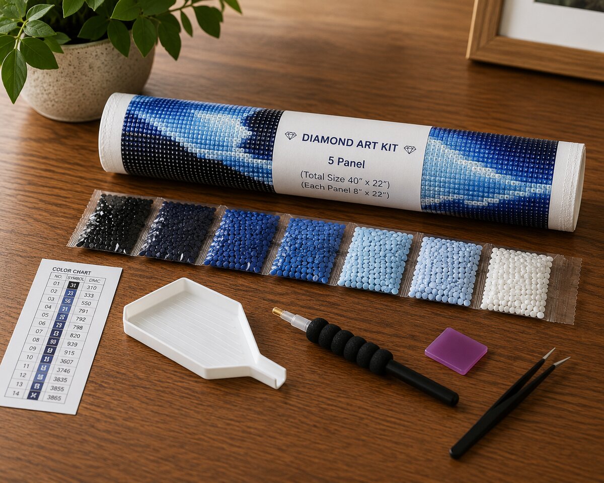 Diamond painting kit supplies including 5 panel rolled canvas, numbered diamond bags, tray, and applicator pen | Azurra Shop