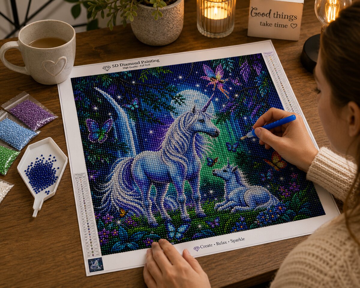 Woman placing diamonds on the mother and baby unicorn blue forest canvas at a table with coffee and a candle | Azurra Shop