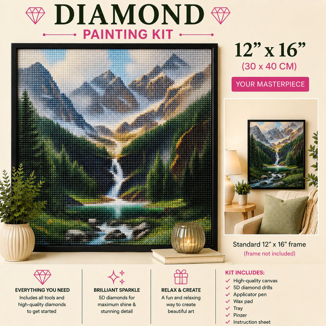 Framed alpine mountain valley waterfall diamond painting displayed in a cozy living room | Azurra Shop