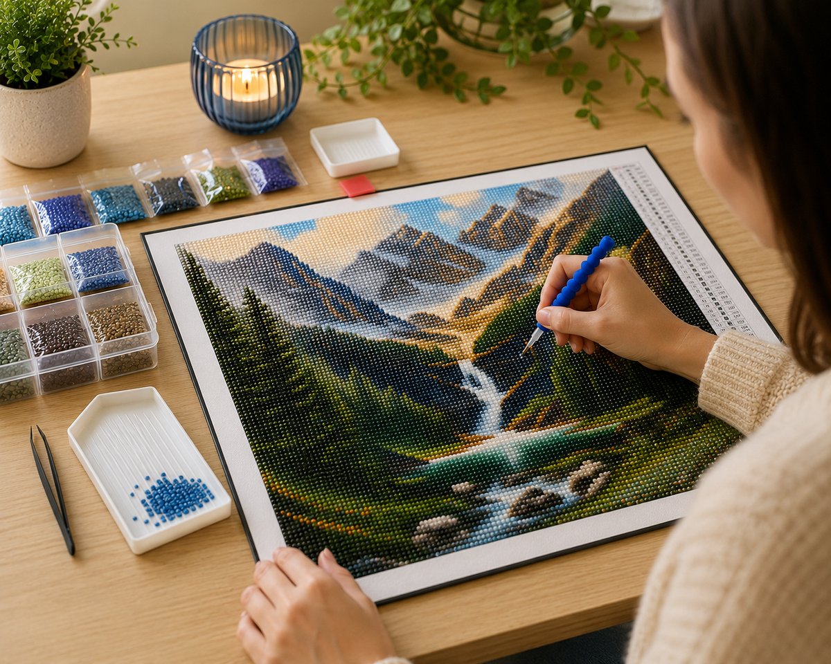 Working on the alpine mountain valley waterfall kit at a cozy desk with drill tools nearby | Azurra Shop