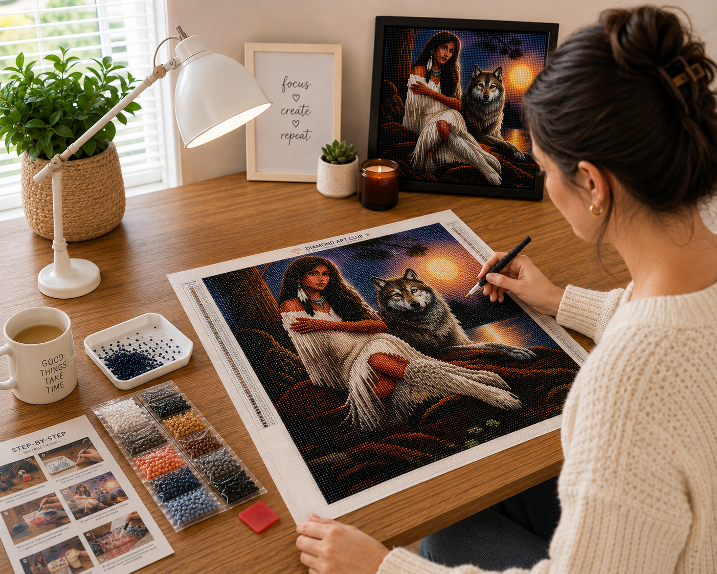 Woman creating Native American woman and wolf at sunset diamond painting kit at cozy desk with lamp, coffee, candle and sorted diamond drills, finished framed piece displayed in background — Azurra Shop
