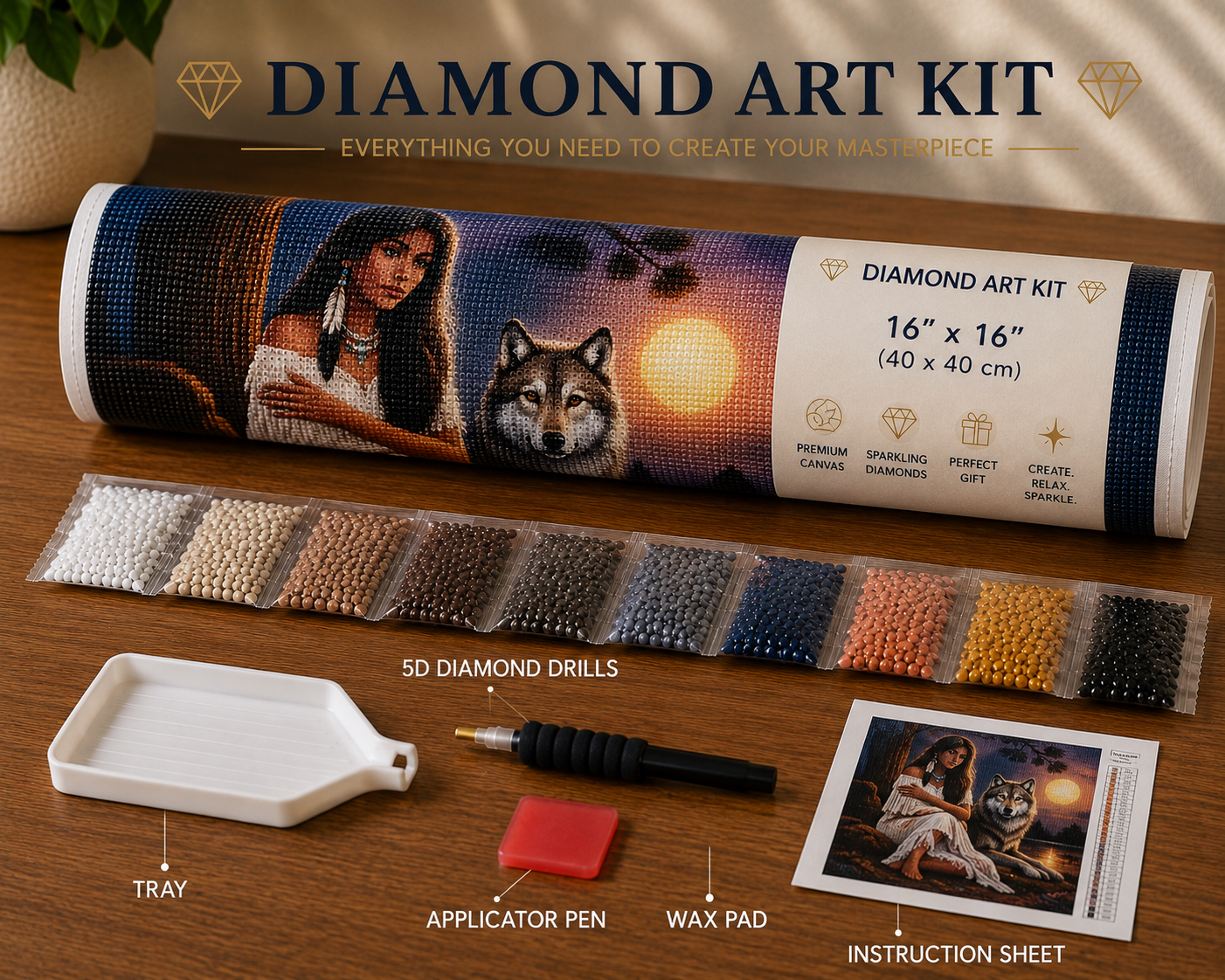 Native American woman and wolf at sunset diamond painting kit supplies – rolled canvas in tube, sorted diamond drill packets, applicator pen, wax pad, tray and instruction sheet laid out on wooden surface — Azurra Shop