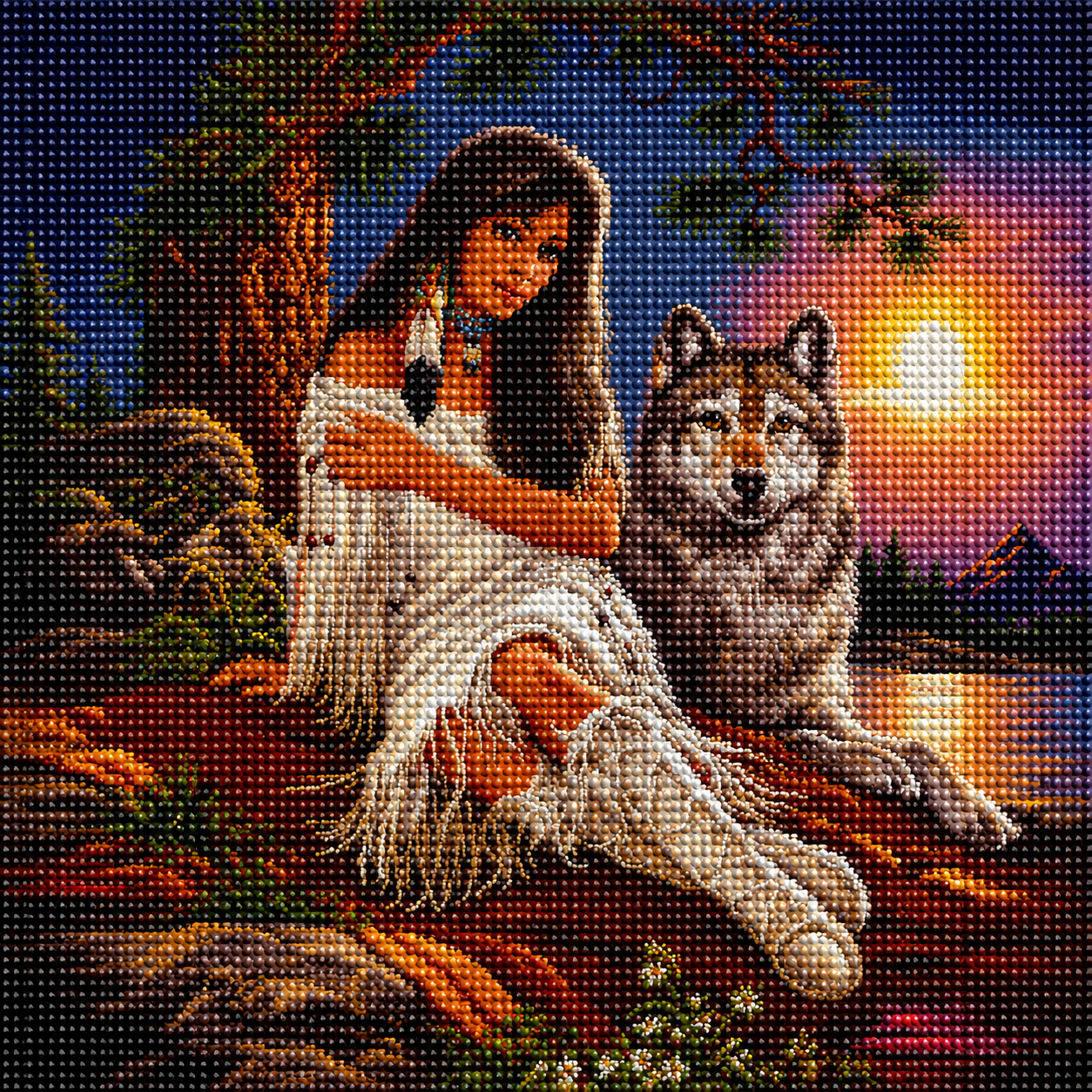 Native American woman and wolf at sunset diamond painting kit close-up – woman in white fringed dress with feather earrings resting beside a grey wolf, warm amber and purple sunset tones, sparkling full drill 5D resin diamond texture — Azurra Shop