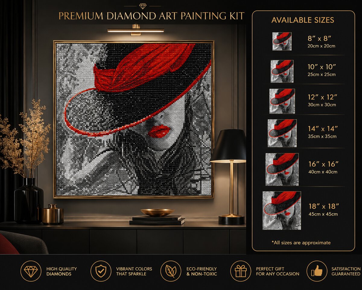 Framed noir lady diamond painting displayed on a living room wall with a gold lamp and dried branches | Azurra Shop