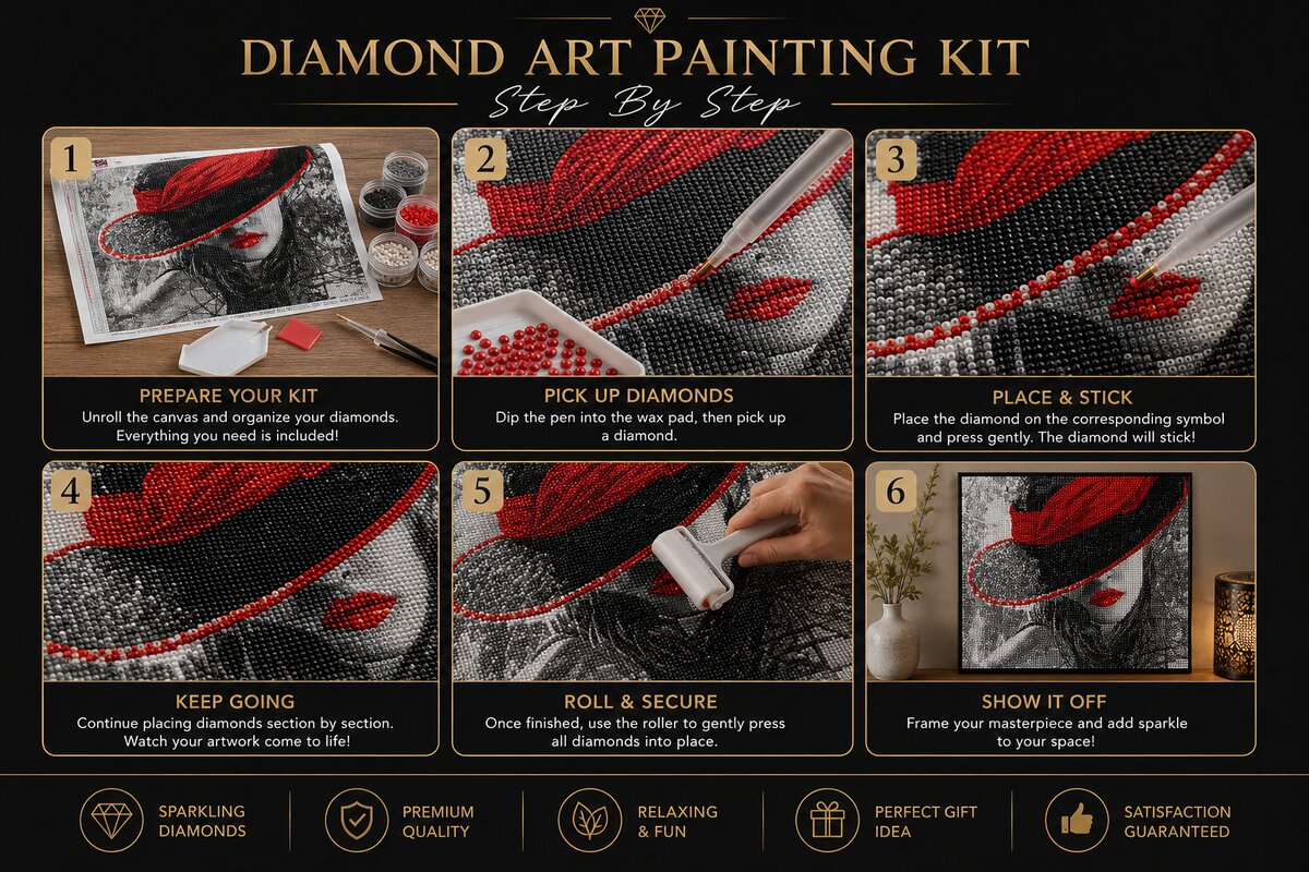 Six step guide showing how to complete the noir lady diamond painting | Azurra Shop