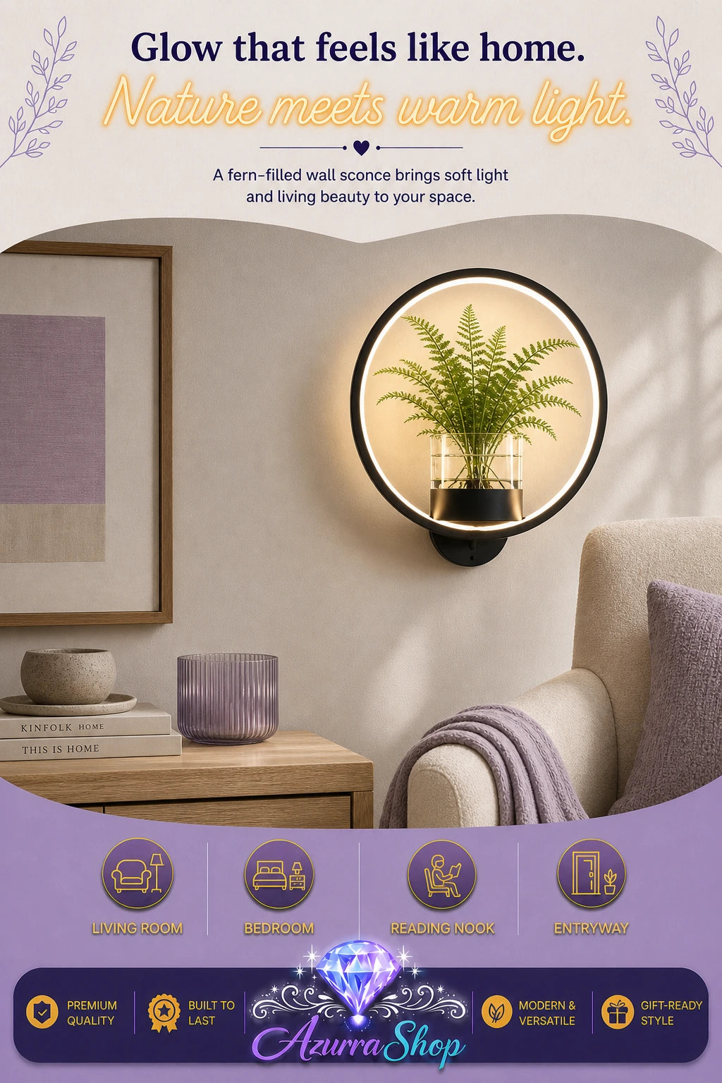 Wall-mounted circular black sconce with a glass plant holder containing a green fern, glowing with warm light in a modern living room beside an armchair and side table, with a header graphic reading &