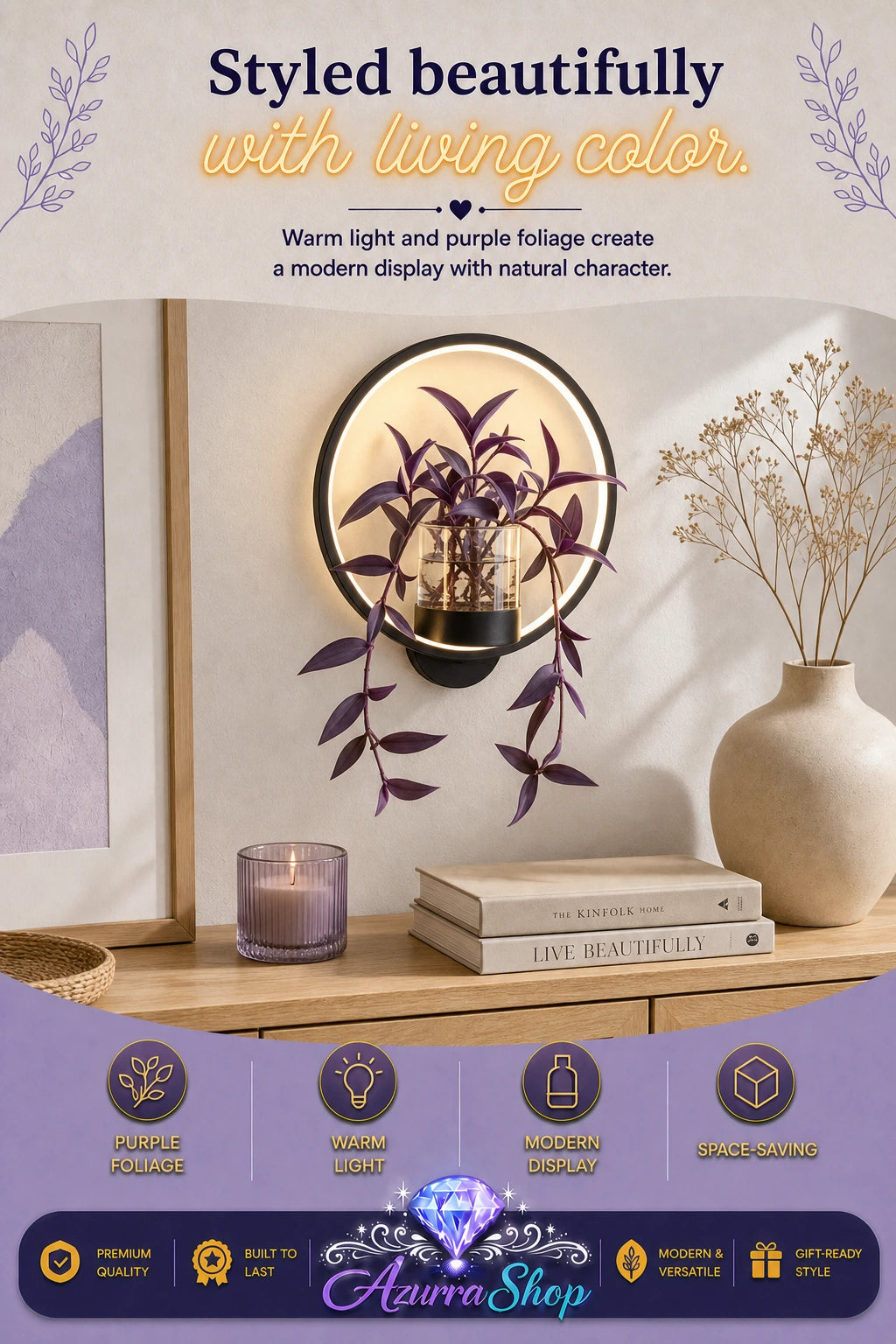 Wall-mounted circular black light fixture with a glass planter and trailing purple foliage, styled on a wooden shelf with a candle, books, and a small vase, with a header graphic reading &