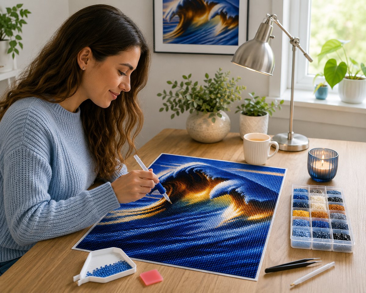 Working on the golden barrel wave kit at a cozy desk with drill tools nearby | Azurra Shop