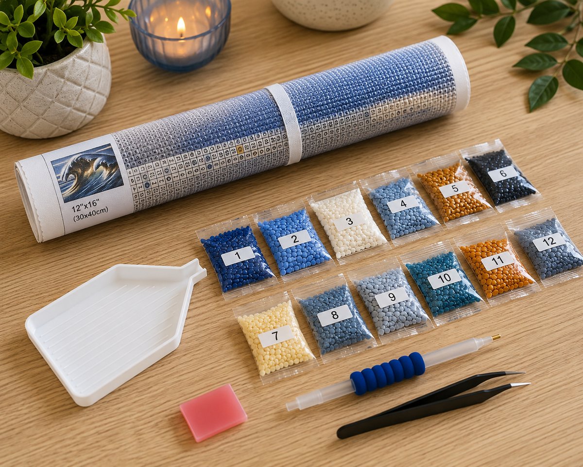 Rolled canvas and supplies for the golden barrel wave kit, including drill packets, applicator pen, and wax pad | Azurra Shop