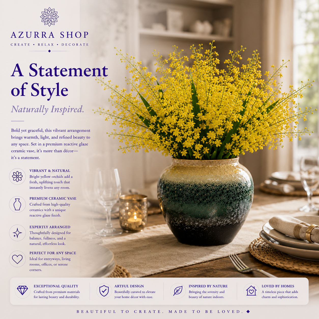 Yellow Dancing Orchid Ceramic Vase — Artificial Oncidium Arrangement