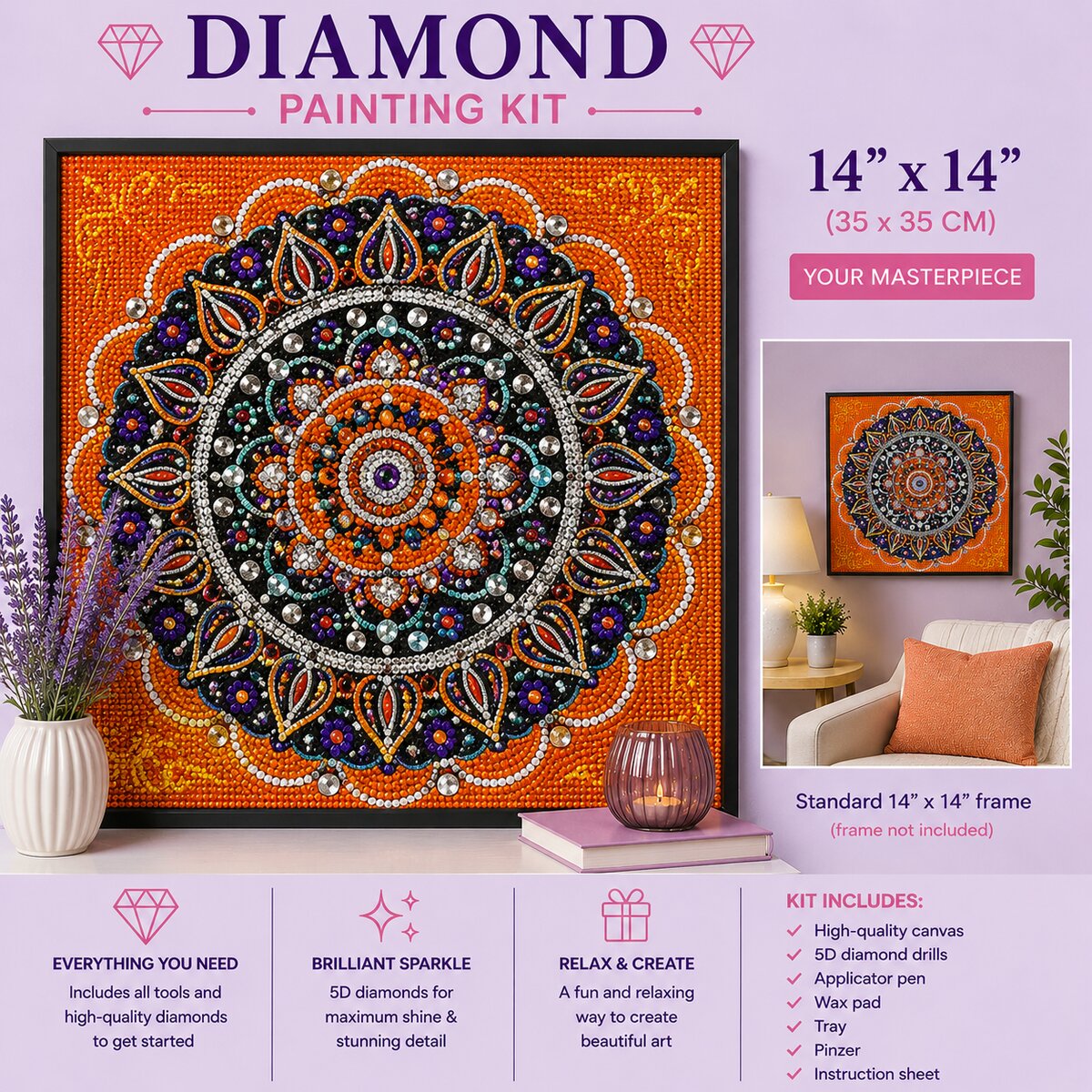 Orange jeweled mandala diamond painting framed on a wall, available in a 14 by 14 inch size | Azurra Shop