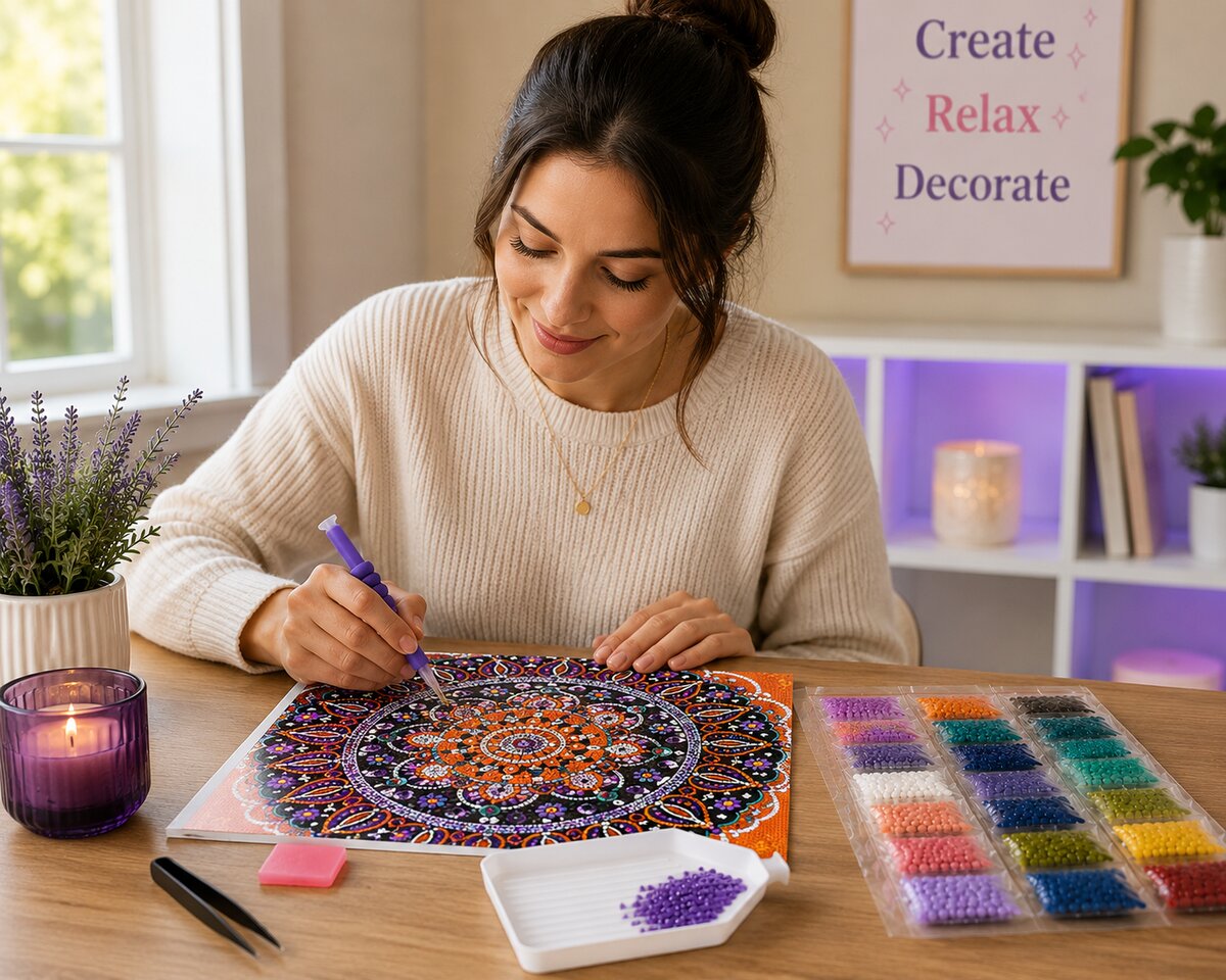 Woman placing diamonds on the orange jeweled mandala canvas at a desk with lavender and a candle | Azurra Shop