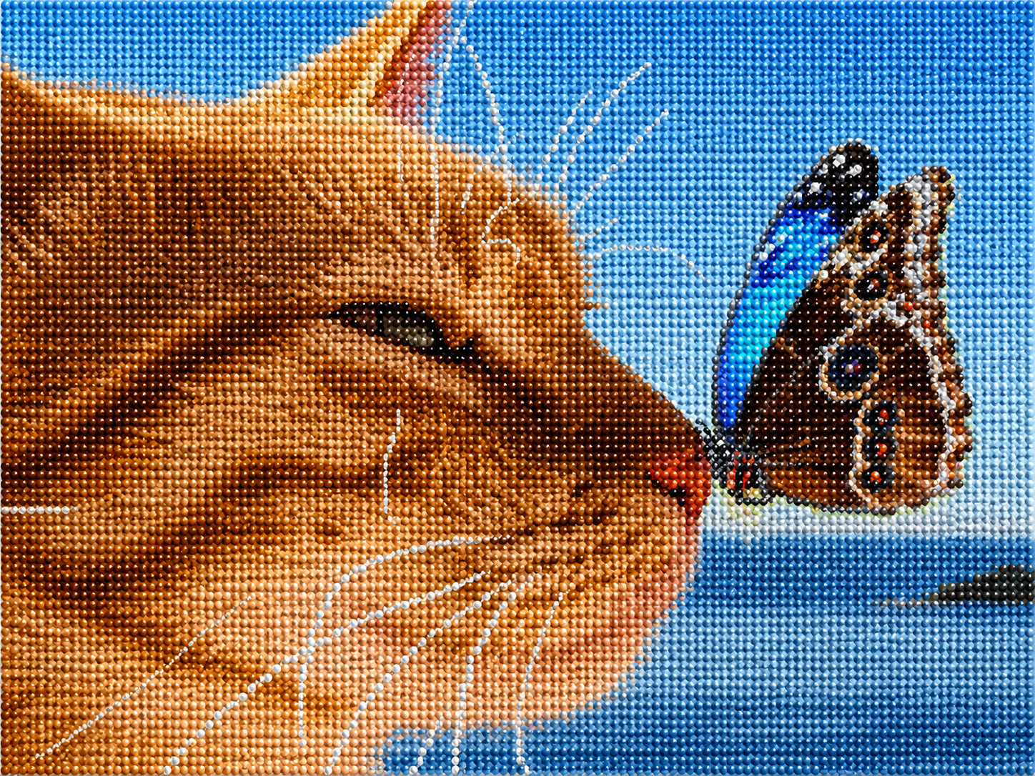 Tan calico cat diamond painting kit close-up – warm tan and orange calico cat with golden eyes gazing upward at a butterfly, rich background, sparkling full drill 5D resin diamond texture — Azurra Shop