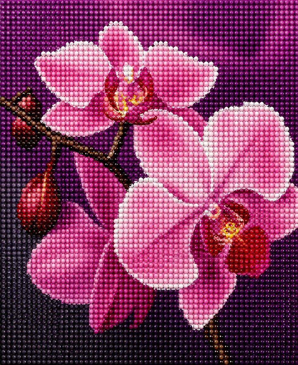 Finished pink orchid diamond painting with close up pink phalaenopsis orchid blooms on a deep purple background | Azurra Shop