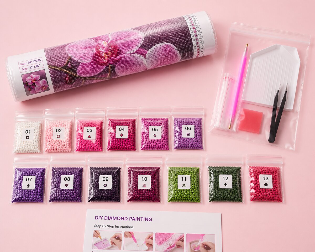 Diamond painting kit supplies including rolled canvas, 13 numbered diamond bags, tray, pen, and tweezers | Azurra Shop