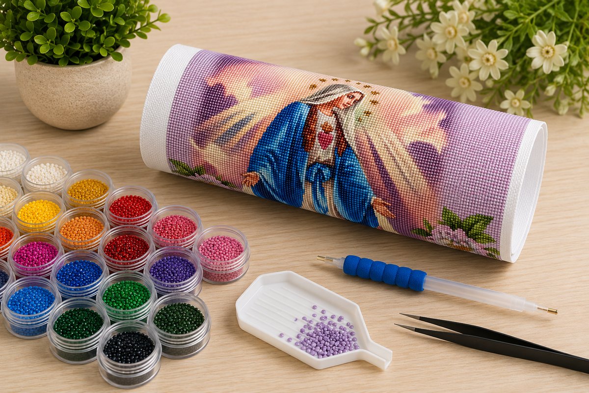 Rolled canvas and full supplies for the Our Lady of Grace kit, including drill trays, applicator pen, and tweezers