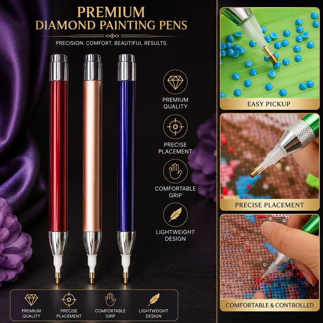 Three diamond painting drill pens in red, rose gold, and blue with interchangeable tips